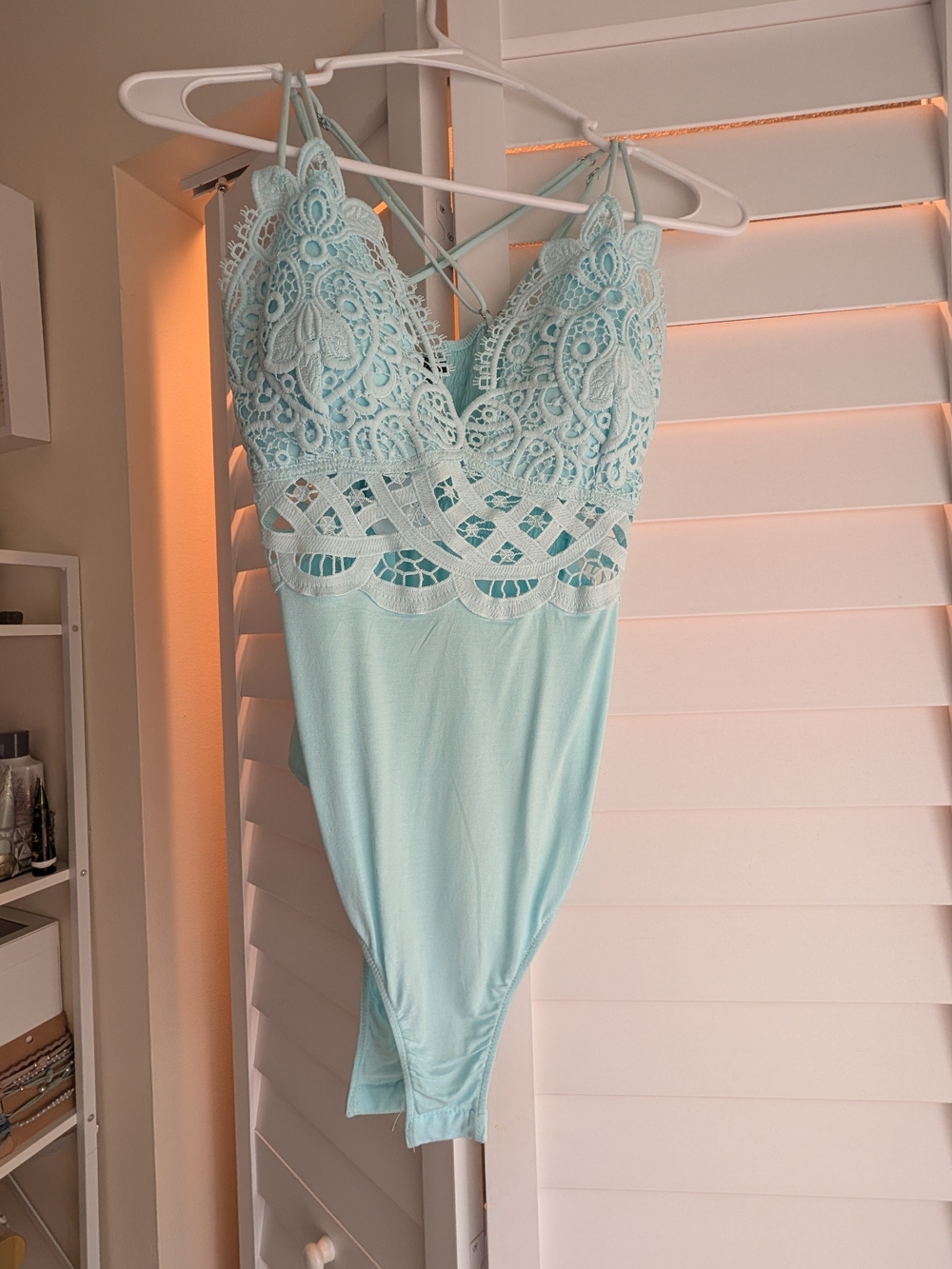 Lace-Trim Strappy Bodysuit in Light Blue